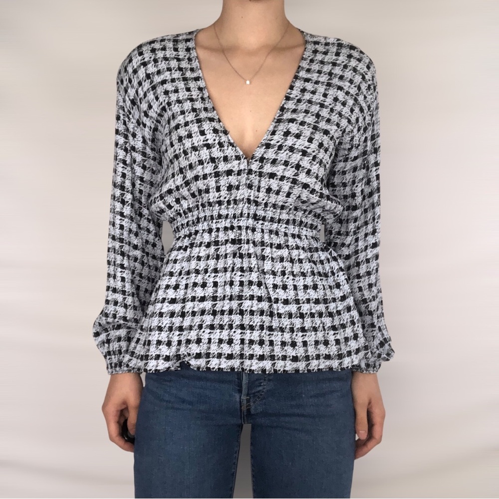Proenza Schouler‎ Peplum Gingham V Neck Blouse Size 2 Blue White Label